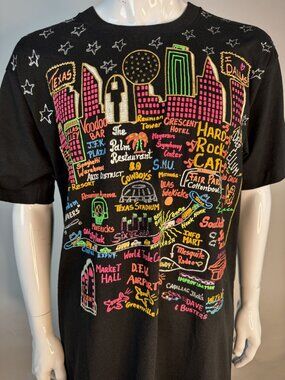 Vintage 1990 Hand-Detailed Dallas Cityscape Tee With Glitter Accents Vibrant Col